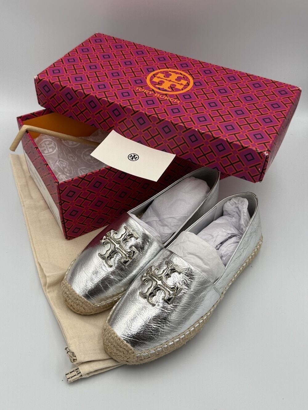 NIB Tory Burch Eleanor Logo Espadrilles Leather Flat Metallic Silver US 6.5